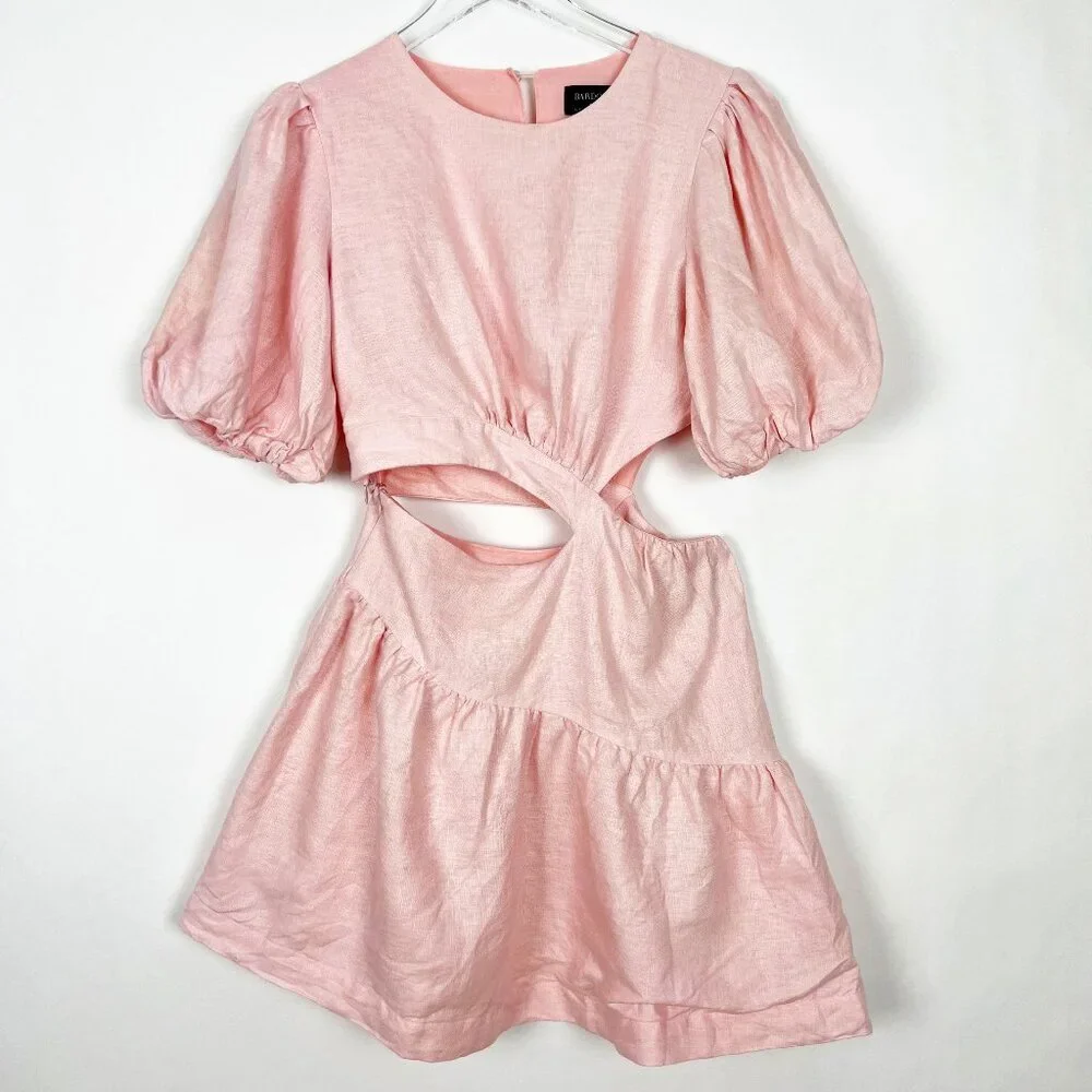 Bardot Mimi Cutout Dress 100% Linen Mini Women's Size US6 Soft Pink Puff Sleeves - Picture 2 of 15